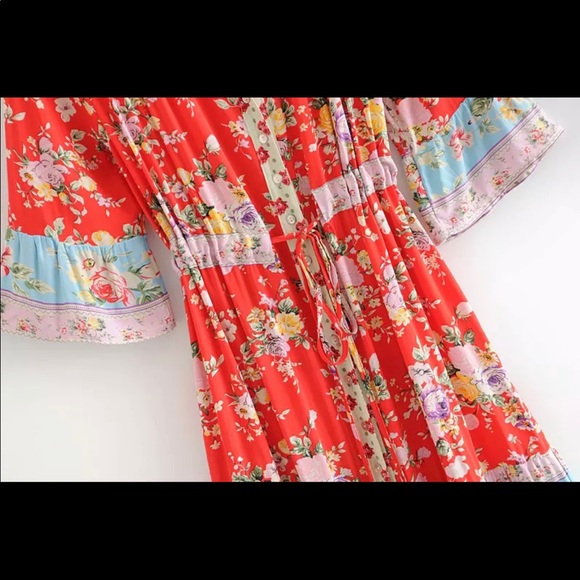 Red V Neck Boho Floral Gypsy Print Maxi Dress - Picture 6 of 16